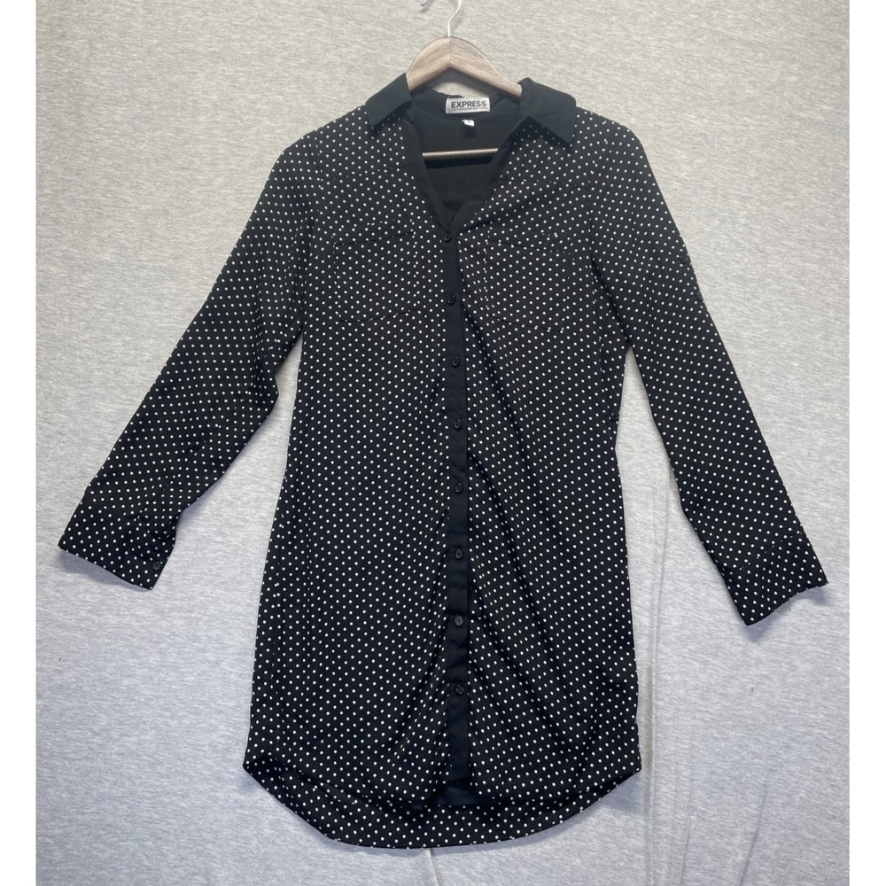 Express Portofino Shirt Dress Women XS Black White Polka Dot Casual Button Front